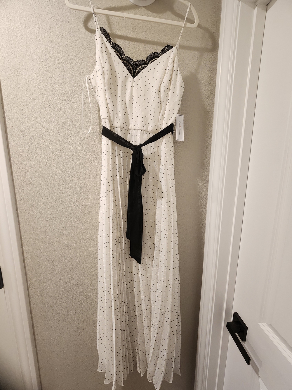 White Polka Dot Maxi Dress with Black Lace Trim and Black Waist Tie